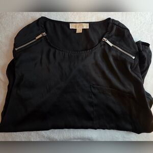 Michael Kors Black Zip Shoulder Blouse Top Women's XL Short Sleeve Pocket